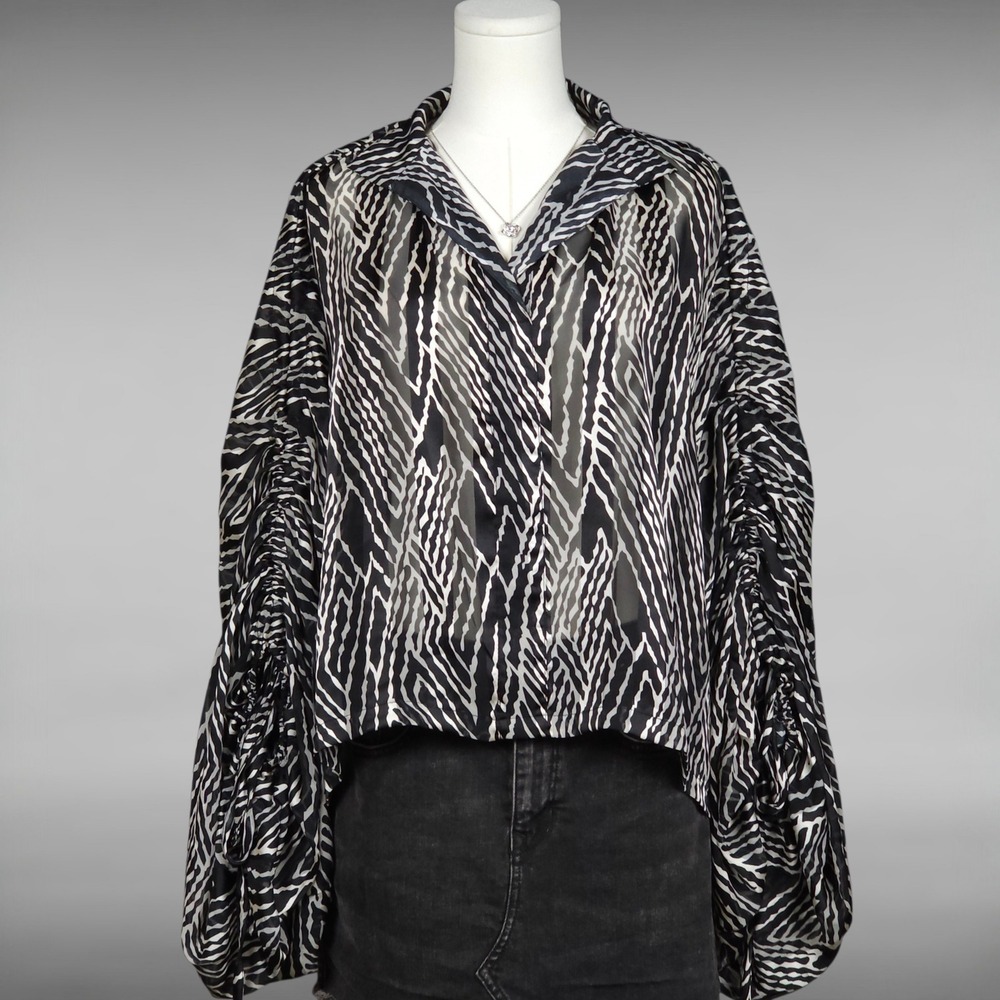 Whimsigoth Zebra Stripe Balloon Sleeve V Neck Crop Blouse‎ Womens M/L